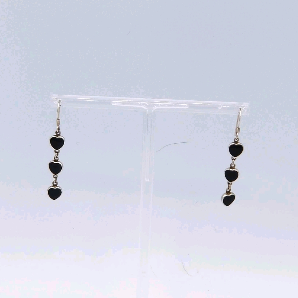 Sterling Black Enamel Tripple Heart Drop Earings